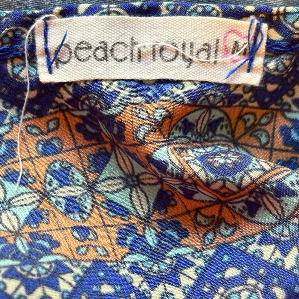 🌸 Peach Royal Boho Maxi Size Medium Blue/Teal/Orange Graphic Print Dress